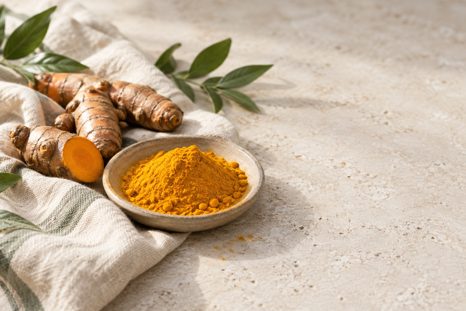 Turmeric roots and a bowl of turmeric powder on a light tabletop
